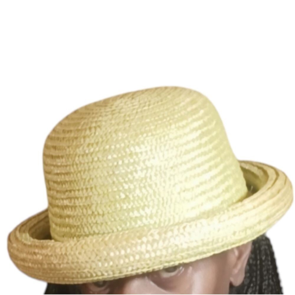 Vintage Lime Green Rolled Brim Woven Straw Hat - Picture 4 of 5